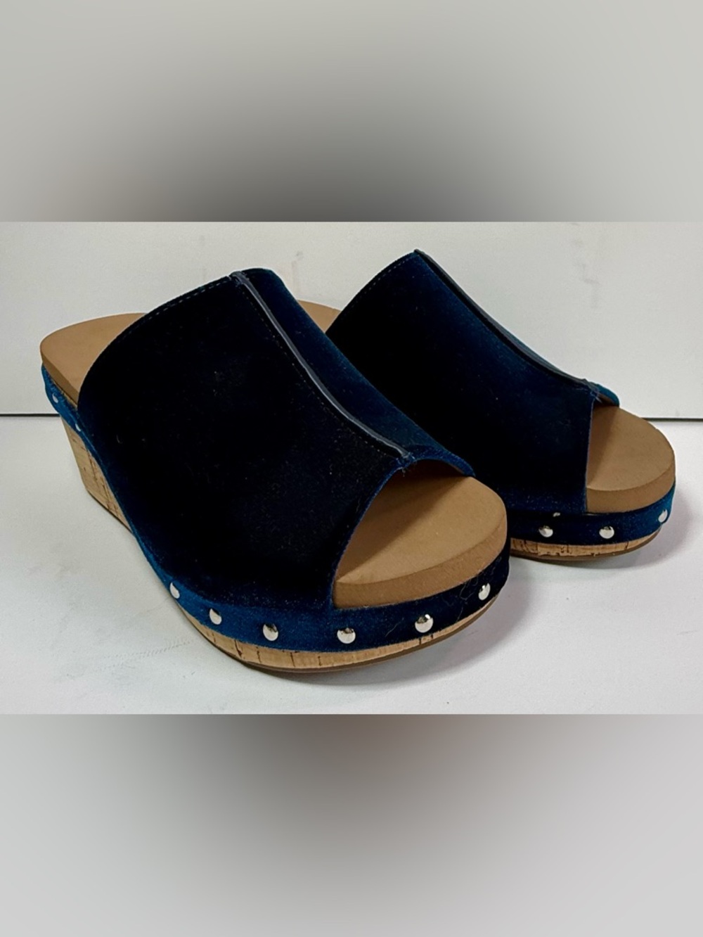 Corkys Hissy Fit Blue Velvet Platform Wedge Slides Studded Size 7